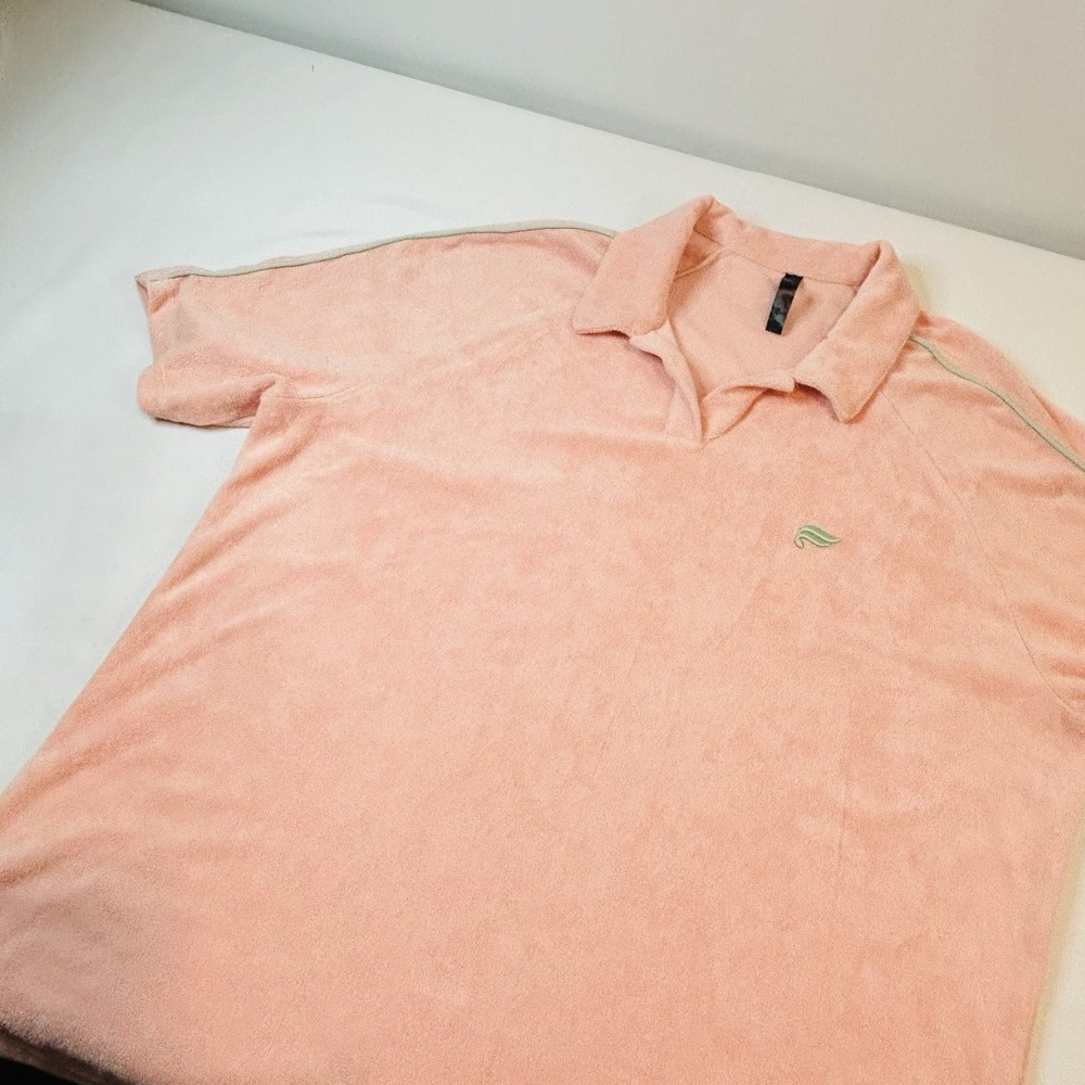Fabletics The Island Terry Polo Pink W/Green Stripe Men’s Large - Picture 4 of 7